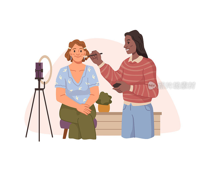 Cosmetologist or expert shooting video for beauty blog. Vector flat cartoon character giving recommendations for women, makeup specialist and visage beauticians. Studio with camera and model